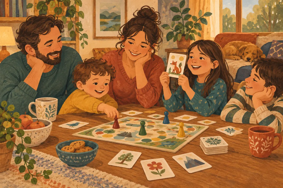 Ilustracja rodziny z dziećmi w różnym wieku podczas wspólnej gry planszowej.